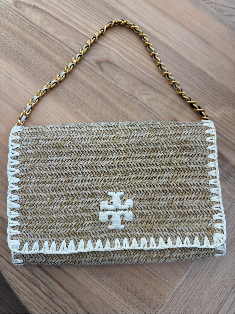 Tory Burch-Inspired Woven Straw Shoulder Bag in Natural/White